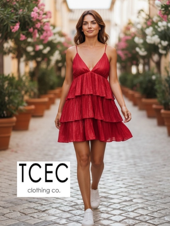 TCEC Dresses & Skirts - TCEC Red shimmer tiered dress, S, GL1359